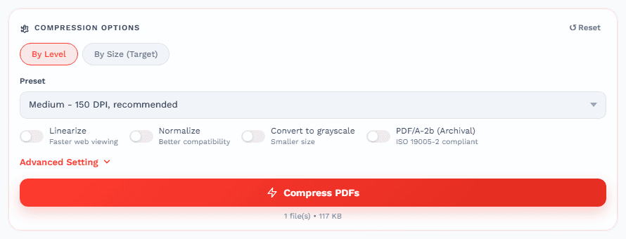 Compress button highlighted in compress PDF tool