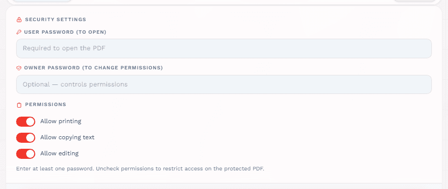 Owner password input and permission checkboxes highlighted in the protect PDF tool