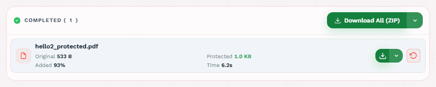 Download button enabled with 100 percent progress and protection applied status in the protect PDF tool