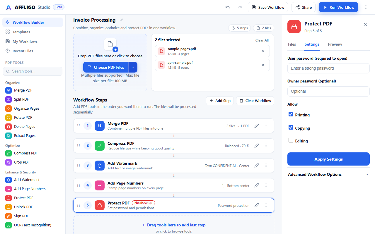 AFFLIGO Studio with a five-step PDF workflow