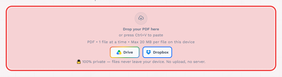 PDF to Word converter upload dropzone highlighted