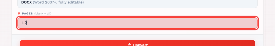 Pages input field for selecting specific pages highlighted