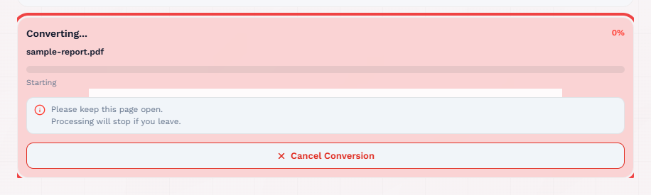 Convert button with progress ring at 80 percent and converting status highlighted