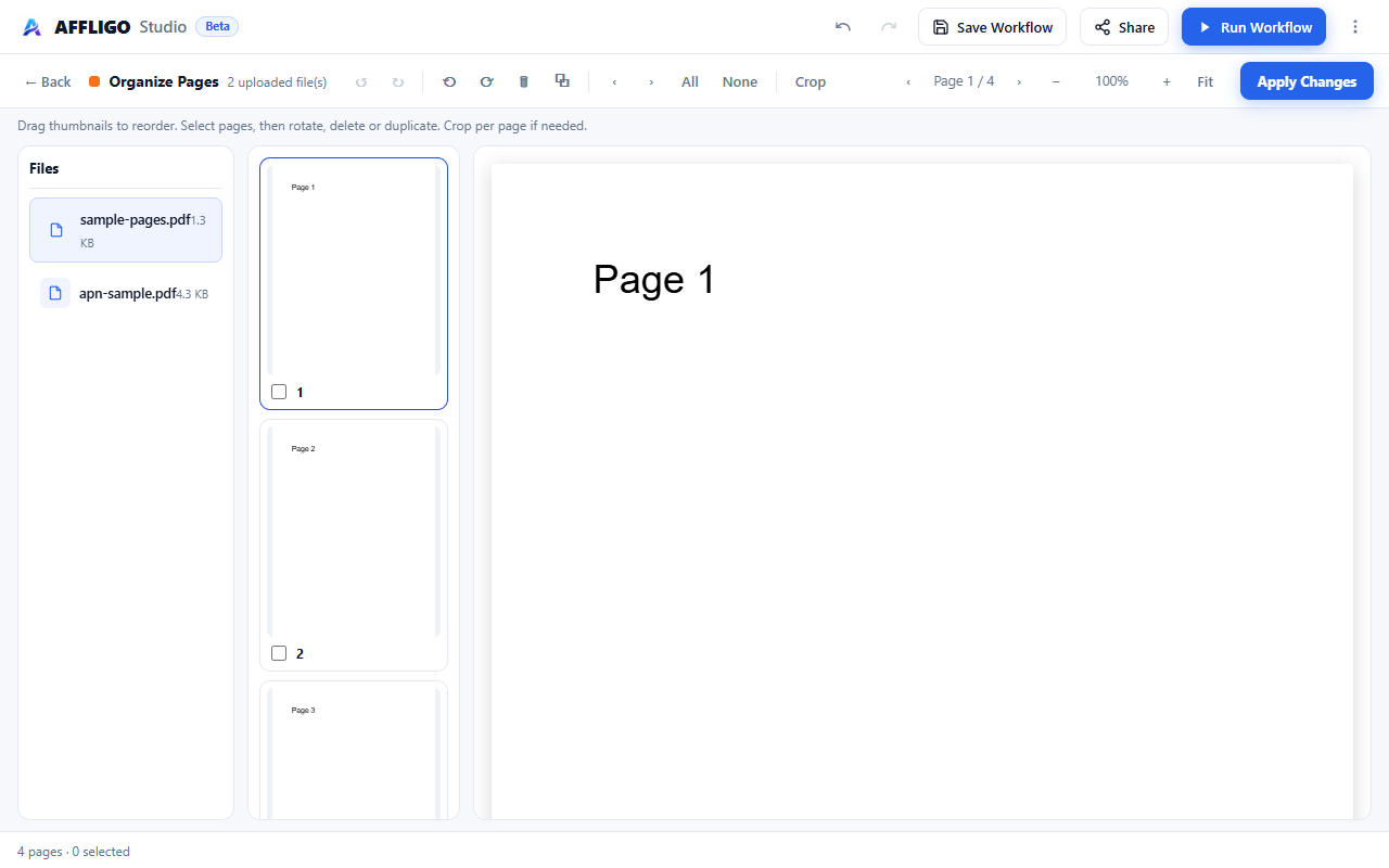 Visual PDF editor showing files panel, thumbnails and page viewer