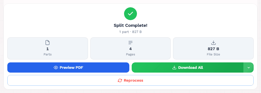Split PDF results showing output file with download button enabled