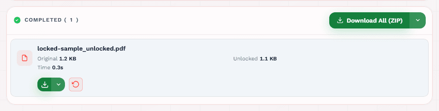 Unlock button and download enabled after processing in unlock PDF tool