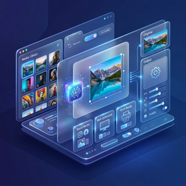 AI image resizer customization interface: manual dimension fields, fit mode toggles, quality slider, and format selector